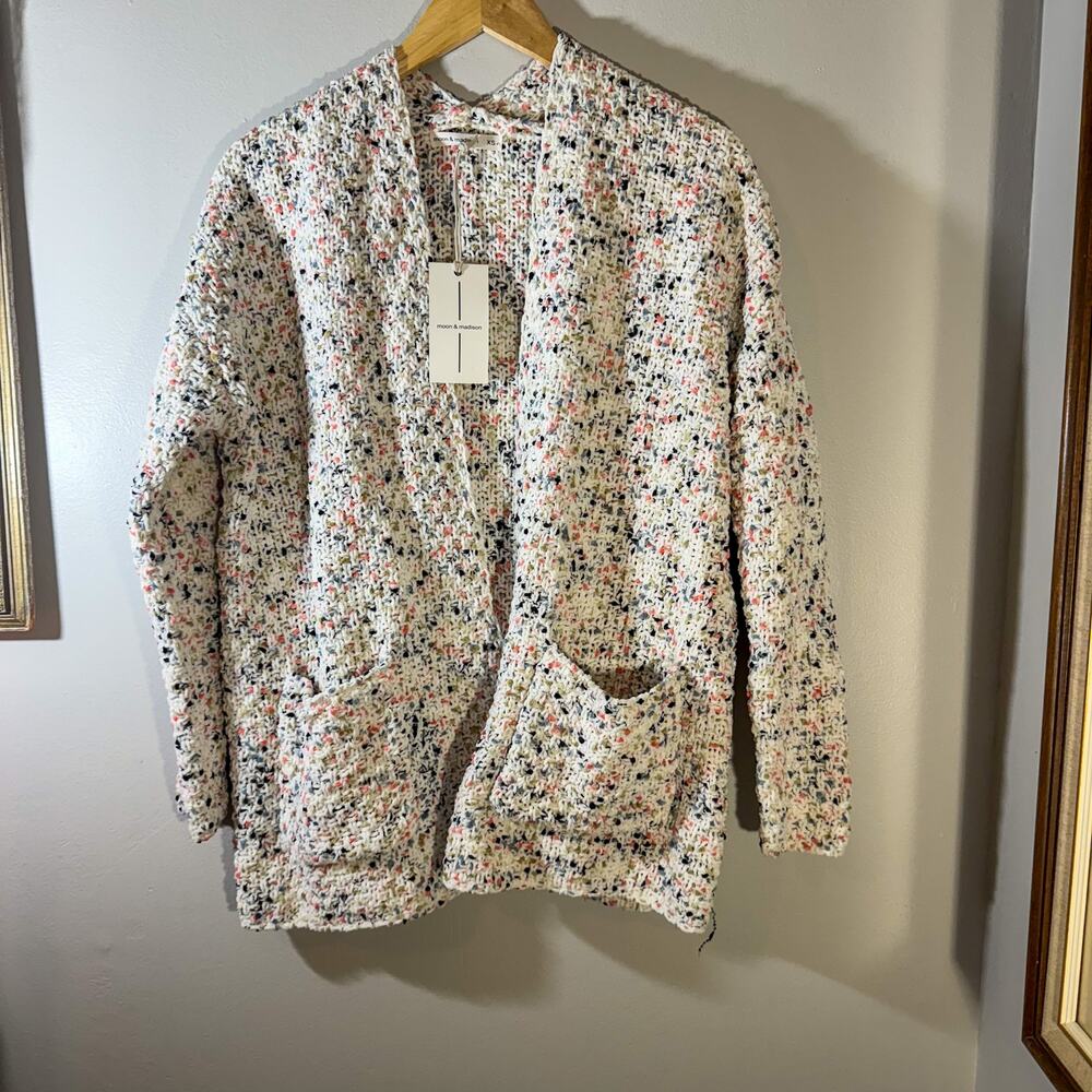 Moon & Madison Oversized Confetti Knit Cardigan Chunky Cream Chenille Cozy